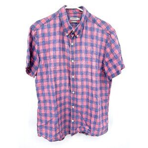 J.Lindberg Shirt Men's L Short Sleeve Button Down Check Pink Blue Linen